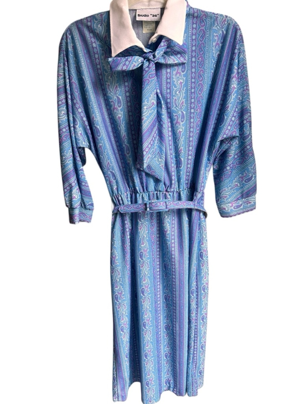 Vintage 80s blue paisley belted dress Size 10